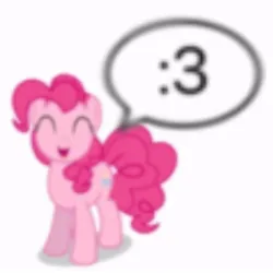 Size: 720x720 | Tagged: safe, artist:vanesasarbu, artist:xxthehtfgodxx, derpibooru import, edit, pinkie pie, earth pony, pony, :3, blurry, female, g4, humor, image, jpeg, looking at you, mare, needs more jpeg, open mouth, open smile, simple background, smiling, smiling at you, solo, speech bubble, upscaled, white background