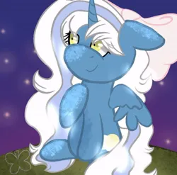 Size: 642x635 | Tagged: safe, artist:clover236, derpibooru import, oc, oc:fleurbelle, unofficial characters only, alicorn, pony, alicorn oc, bow, female, hair bow, horn, image, jpeg, mare, night, night sky, sitting, sky, smiling, solo, stars, wings, yellow eyes