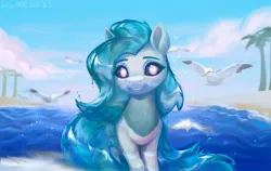 Size: 2807x1778 | Tagged: safe, artist:rily, derpibooru import, idw, medley brook, earth pony, hybrid, kelpie, pony, blue mane, blue tail, chinese text, cute, digital art, female, flowing tail, image, jpeg, looking at you, mare, moon runes, my little pony comic, ocean, season 10, sky, smiling, smiling at you, solo, tail, teeth, water, water hair, windswept tail