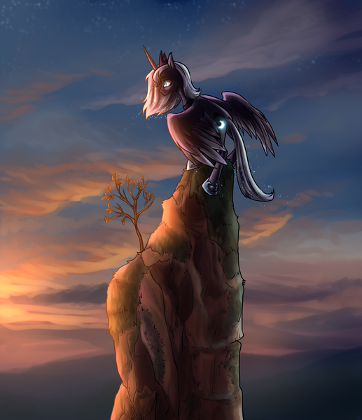 Size: 2560x2970 | Tagged: safe, artist:not-ordinary-pony, derpibooru import, princess luna, alicorn, derpibooru exclusive, glowing cutie mark, image, png, s1 luna, scenery, solo, sunset