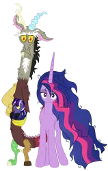 Size: 1280x2019 | Tagged: safe, artist:utts, derpibooru import, discord, twilight sparkle, twilight sparkle (alicorn), oc, alicorn, draconequus, pony, discolight, female, image, male, older twilight sparkle (alicorn), parent:discord, parent:twilight sparkle, png, ruffled hair, shipping, simple background, straight, tired, transparent background, vector