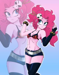 Size: 2200x2800 | Tagged: suggestive, artist:dibujoschidosdelabad, derpibooru import, pinkie pie, human, equestria girls, clothes, cosplay, costume, crossover, female, gradient background, high res, image, outline, png, solo, solo female, tengen toppa gurren lagann, white outline, yoko littner, zoom layer