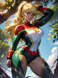 Size: 1536x2048 | Tagged: safe, derpibooru import, machine learning generated, applejack, human, ai content, apple, captain marvel (marvel), dc comics, food, generator:seaart.ai, humanized, image, marvel, marvel comics, png, prompter:neondash, solo, supergirl, tree