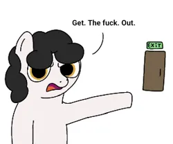 Size: 300x250 | Tagged: safe, anonymous artist, oc, oc:pon-pushka, unofficial characters only, earth pony, pony, /mlp/, 4chan, dialogue, door, exit, grumpy, image, lowres, male, open mouth, png, pointing, raised hoof, simple background, solo, stallion, talking to viewer, white background