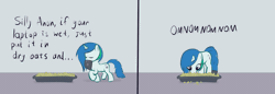 Size: 2000x690 | Tagged: safe, derpibooru import, oc, oc:compushka, unofficial characters only, pony, unicorn, animated, compushka.by, computer, female, food, gif, gray background, image, laptop computer, mare, mouth hold, nom, oats, silly, simple background