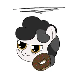 Size: 350x350 | Tagged: safe, anonymous artist, artist:hach, oc, oc:pon-pushka, unofficial characters only, earth pony, pony, /mlp/, 4chan, annoyed, bags under eyes, cheek squish, donut, food, grumpy, head, image, male, png, pon-pushka, simple background, solo, squishy cheeks, stallion, white background