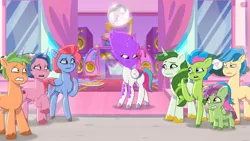 Size: 3072x1727 | Tagged: safe, derpibooru import, screencap, unnamed character, zipp storm, earth pony, pegasus, pony, unicorn, g5, my little pony: tell your tale, spoiler:g5, spoiler:my little pony: tell your tale, spoiler:tyts01e57, colt, eyebrows, female, foal, frown, hot day huh?, image, jpeg, leaf (g5), luminous dazzle, male, mane melody (location), mare, open mouth, raised eyebrow, stallion, sweat, sweatdrop