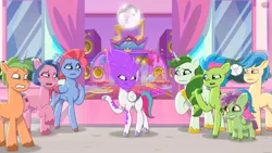 Size: 3072x1727 | Tagged: safe, derpibooru import, screencap, unnamed character, zipp storm, earth pony, pegasus, pony, unicorn, g5, my little pony: tell your tale, spoiler:g5, spoiler:my little pony: tell your tale, spoiler:tyts01e57, colt, eyebrows, female, foal, frown, hot day huh?, image, jpeg, leaf (g5), luminous dazzle, male, mane melody (location), mare, open mouth, raised eyebrow, stallion, sweat, sweatdrop