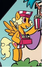 Size: 149x233 | Tagged: safe, artist:priscilla tramontano, derpibooru import, idw, unnamed character, unnamed pony, pegasus, pony, spoiler:comic, spoiler:friendship in disguise, spoiler:friendship in disguise03, cap, female, food, friendship in disguise, hat, image, mare, png, popcorn