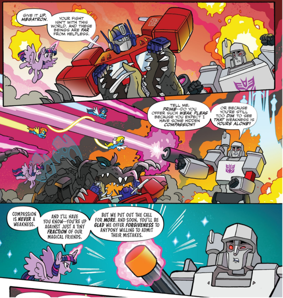 Size: 1705x1794 | Tagged: safe, artist:tonyfleecs, derpibooru import, idw, soarin', spitfire, twilight sparkle, twilight sparkle (alicorn), alicorn, changeling, cragadile, crocodile, hybrid, pegasus, pony, robot, spoiler:comic, spoiler:friendship in disguise, spoiler:friendship in disguise04, cragaling, crossover, female, fight, flying, friendship in disguise, g4, image, male, mare, megatron, optimus prime, png, stallion, surprise (g4), transformers