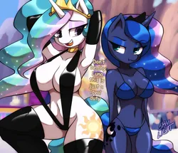 Size: 1800x1550 | Tagged: suggestive, artist:skylight, derpibooru import, princess celestia, princess luna, alicorn, anthro, arm behind head, big breasts, bikini, bikini bottom, bikini top, breasts, busty princess celestia, choker, cleavage, clothes, crown, dialogue, ethereal mane, evening gloves, eyebrows, eyeshadow, female, females only, galaxy mane, gloves, hips, horn, image, jewelry, latex, latex gloves, latex stockings, lidded eyes, long gloves, long hair, looking at each other, looking at someone, makeup, multicolored hair, outdoors, png, pose, reasonably sized breasts, regalia, scrunchy face, siblings, sisters, sling bikini, snout, socks, stockings, swimsuit, tail, thigh highs, thighs, thunder thighs, two-piece swimsuit, unicorn horn, waist, wide hips