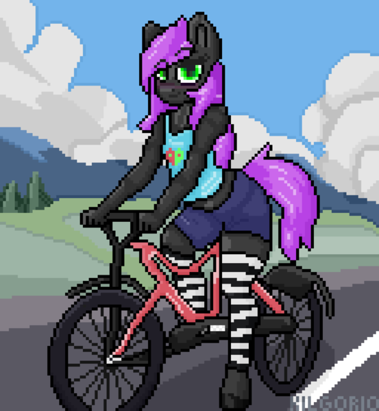 Size: 1280x1390 | Tagged: safe, artist:kilgorio, derpibooru import, oc, oc:lucy violetmane, unofficial characters only, anthro, earth pony, pony, anthro oc, aseprite, bicycle, clothes, detailed background, earth pony oc, femboy, full body, green eyes, image, jeans, male, pants, pixel art, png, purple hair, short jeans, shorts, socks, solo, stallion, striped socks, thigh highs