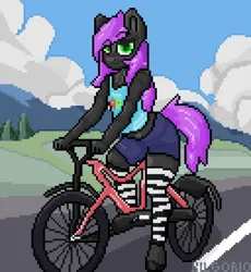 Size: 1280x1390 | Tagged: safe, artist:kilgorio, derpibooru import, oc, oc:lucy violetmane, unofficial characters only, anthro, earth pony, pony, anthro oc, aseprite, bicycle, clothes, detailed background, earth pony oc, femboy, full body, green eyes, image, jeans, male, pants, pixel art, png, purple hair, short jeans, shorts, socks, solo, stallion, striped socks, thigh highs