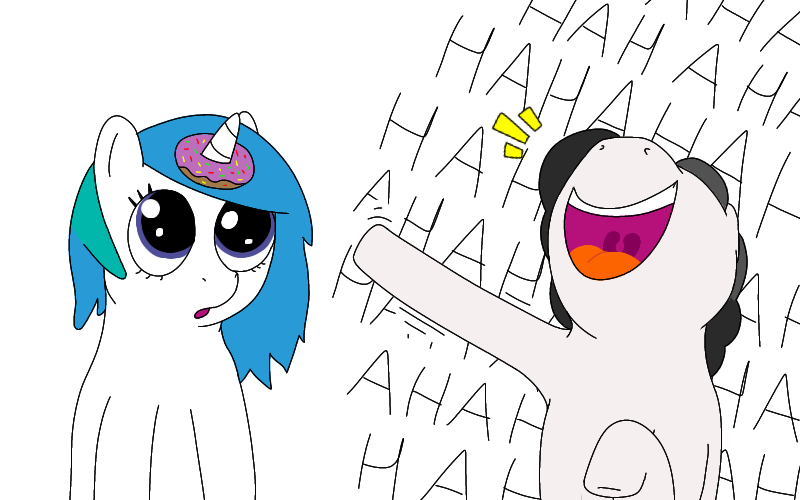 Size: 800x500 | Tagged: safe, anonymous artist, oc, oc:compushka, oc:pon-pushka, unofficial characters only, earth pony, pony, unicorn, /mlp/, 4chan, donut, duo, female, food, hahahahahahaha, image, laughing, male, mare, open mouth, png, pointing, silly, simple background, stallion, white background