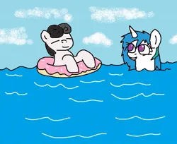 Size: 713x583 | Tagged: safe, anonymous artist, derpibooru import, oc, oc:compushka, oc:pon-pushka, unofficial characters only, earth pony, pony, unicorn, /mlp/, 4chan, cloud, donut, duo, eyes closed, female, food, image, inner tube, jpeg, looking at someone, male, mare, ocean, pon-pushka, smiling, stallion, swimming