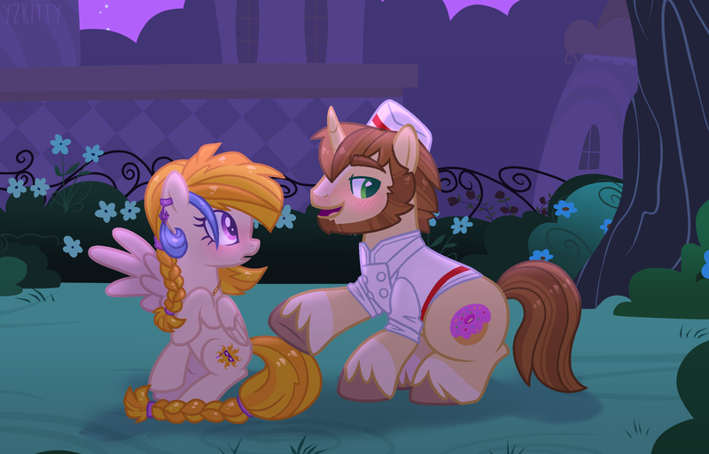 Size: 2408x1544 | Tagged: safe, artist:y2kitty, derpibooru import, donut joe, golden feather, princess celestia, pegasus, pony, spoiler:comic, spoiler:comic65, alternate design, image, png