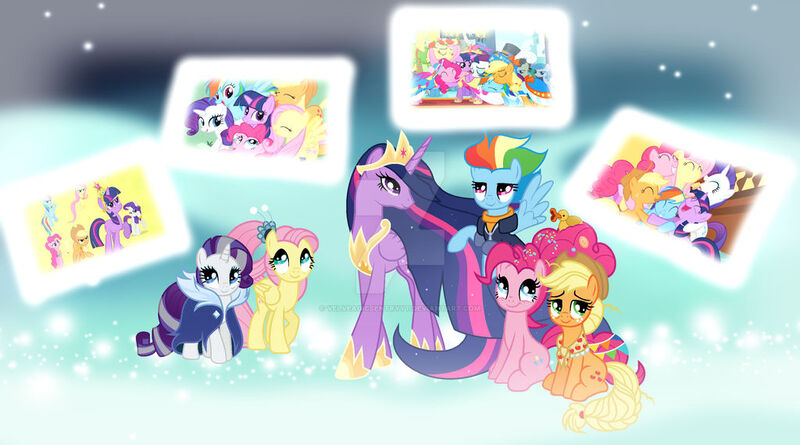 Size: 1024x570 | Tagged: safe, artist:velveagicsentryyt, derpibooru import, applejack, fluttershy, pinkie pie, princess twilight 2.0, rainbow dash, rarity, twilight sparkle, twilight sparkle (alicorn), alicorn, pony, the last problem, big crown thingy, deviantart watermark, element of magic, image, jewelry, jpeg, mane six, obtrusive watermark, older, older twilight, regalia, watermark