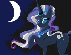 Size: 1015x787 | Tagged: safe, artist:princesslunalicious, derpibooru import, nightmare rarity, pony, unicorn, blue eyes, crescent moon, crown, digital art, eyelashes, eyeshadow, female, flowing mane, forest, horn, image, jewelry, jpeg, looking at you, makeup, mare, moon, moonlight, night, peytral, purple mane, raised hoof, regalia, simple background, solo, tree