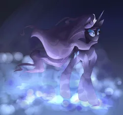 Size: 926x863 | Tagged: safe, artist:lollypopa, derpibooru import, nightmare rarity, pony, unicorn, blue eyes, crown, digital art, eyelashes, eyeshadow, female, flowing mane, flowing tail, glow, horn, image, jewelry, jpeg, makeup, mare, mist, night, purple mane, purple tail, regalia, signature, solo, sparkles, tail, unamused, walking, water, wind, windswept mane, windswept tail