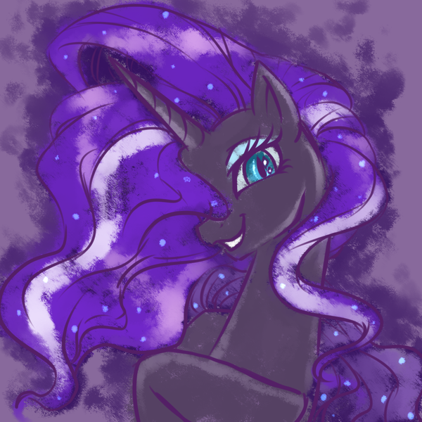 Size: 1000x1000 | Tagged: safe, artist:bunina, derpibooru import, nightmare rarity, pony, unicorn, blue eyes, bust, cute, ethereal mane, eyelashes, eyeshadow, female, flowing mane, g4, happy, horn, image, lidded eyes, looking at you, makeup, mare, open mouth, png, portrait, purple background, purple mane, raised hoof, simple background, smiling, smiling at you, solo, sparkles, starry mane, stars, traditional art