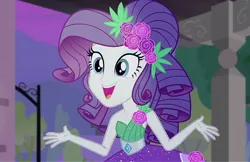 Size: 1114x720 | Tagged: safe, derpibooru import, screencap, rarity, equestria girls, equestria girls series, pinkie sitting, alternate hairstyle, bare shoulders, beautiful, belt, clothes, crystal gala dress, cute, dress, eyeshadow, female, flower, flower in hair, image, jpeg, lovely, makeup, open mouth, open smile, pretty, shoulder strap, sleeveless, smiling, strapless