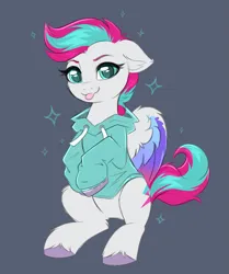 Size: 1317x1574 | Tagged: safe, artist:confetticakez, derpibooru import, zipp storm, pegasus, pony, g5, :p, clothes, female, floppy ears, hoodie, image, looking at you, mare, png, raspberry, simple background, sitting, smiling, solo, sparkles, tongue out