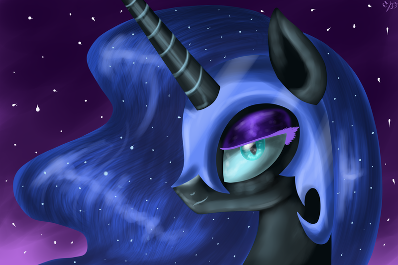 Size: 3000x2000 | Tagged: safe, artist:budgieflitter, derpibooru import, nightmare moon, alicorn, pony, bedroom eyes, blue eyes, blue hair, blue mane, bust, colored pupils, cute, digital art, ethereal mane, eyelashes, eyeshadow, female, g4, gradient background, helmet, high res, horn, image, lidded eyes, long horn, looking at you, makeup, mare, nicemare moon, night, png, portrait, purple background, signature, simple background, sky, smiling, smiling at you, solo, starry mane, stars