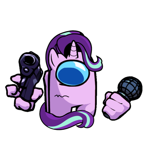 Size: 1280x1280 | Tagged: safe, artist:josephthedumbimpostor, derpibooru import, starlight glimmer, among us, friday night funkin', gun, image, impostor, microphone, missing cutie mark, png, simple background, solo, weapon, white background