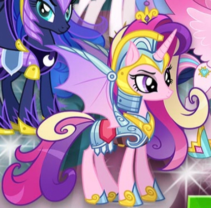 Size: 415x410 | Tagged: safe, derpibooru import, princess cadance, princess luna, alicorn, bat pony, bat pony alicorn, pony, bat ponified, bat wings, chaos cadance, chaos luna, cropped, female, gameloft, horn, image, jpeg, mare, my little pony: magic princess, race swap, wings