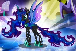 Size: 516x344 | Tagged: safe, derpibooru import, princess luna, alicorn, changeling, pony, blue mane, blue tail, changelingified, clothes, cropped, crown, eyeshadow, fangs, female, flowing mane, flowing tail, gameloft, green eyes, hoof shoes, horn, image, jewelry, jpeg, makeup, mare, my little pony: magic princess, princess lusalis, regalia, see-through, solo, species swap, spread wings, tail, teeth, vector, wings