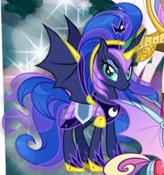 Size: 400x425 | Tagged: safe, derpibooru import, princess luna, alicorn, bat pony, bat pony alicorn, pony, bat ponified, bat wings, chaos luna, cropped, female, gameloft, horn, image, jpeg, mare, my little pony: magic princess, race swap, wings