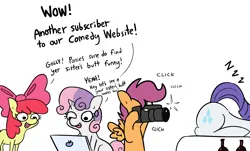 Size: 3734x2250 | Tagged: suggestive, artist:tjpones, derpibooru import, apple bloom, rarity, scootaloo, sweetie belle, earth pony, pegasus, pony, unicorn, alcohol, bow, butt, camera, clothes, computer, cutie mark crusaders, dialogue, female, hair bow, high res, hoof hold, image, implied porn, laptop computer, mare, naïve, naïveté, naïveté of youth, oblivious, offscreen character, onomatopoeia, plot, png, rearity, simple background, sleeping, sound effects, voyeurism, white background, zzz