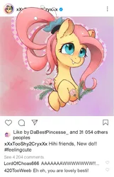 Size: 721x1122 | Tagged: safe, alternate version, artist:inkypuso, derpibooru import, fluttershy, pegasus, pony, alternate hairstyle, blushing, cute, female, flower, image, implied discord, instagram, mare, png, shyabetes, smiling, solo