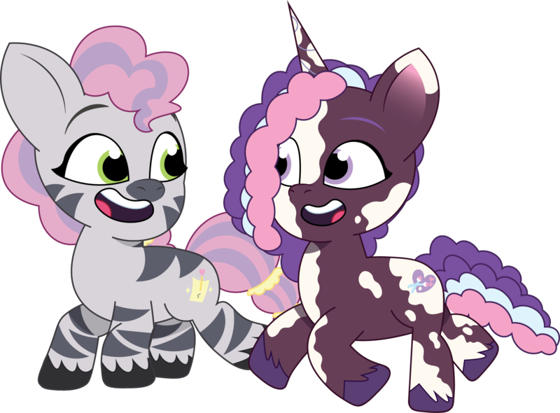 Size: 1640x1210 | Tagged: safe, artist:prixy05, derpibooru import, idw, violette rainbow, pony, unicorn, zebra, g5, my little pony: tell your tale, duo, female, filly, foal, idw showified, image, png, show accurate, simple background, skye, transparent background, vector, vitiligo