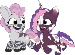 Size: 1640x1210 | Tagged: safe, artist:prixy05, derpibooru import, idw, violette rainbow, pony, unicorn, zebra, g5, my little pony: tell your tale, duo, female, filly, foal, idw showified, image, png, show accurate, simple background, skye, transparent background, vector, vitiligo