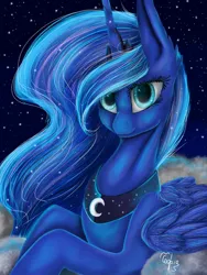 Size: 768x1024 | Tagged: safe, artist:3batterycrowel, derpibooru import, princess luna, alicorn, pony, blue eyes, blue mane, cloud, crown, cute, digital art, ear fluff, ethereal mane, feather, female, flowing mane, folded wings, g4, horn, image, jewelry, jpeg, long horn, looking at you, lying down, mare, night, peytral, regalia, signature, sky, smiling, smiling at you, solo, sparkles, starry mane, stars, sternocleidomastoid, wings