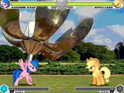 Size: 1080x810 | Tagged: safe, derpibooru import, applejack, firefly, rainbow dash, earth pony, pegasus, pony, fighting is magic, g1, argentina, bipedal, duo, female, flower, giant flower, image, jpeg, mare, metal, new, palette swap, recolor, stage