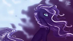 Size: 1024x576 | Tagged: artist needed, safe, artist:eternal-kaltes, derpibooru import, nightmare rarity, pony, unicorn, blue eyes, curly hair, curly mane, depressed, digital art, ethereal mane, ethereal tail, eyeshadow, female, flowing mane, flowing tail, g4, gift art, horn, image, jpeg, lonely, long horn, looking at you, makeup, mare, purple mane, purple tail, sad, signature, sitting, solo, tail, wind, windswept mane, windswept tail