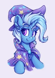 Size: 500x700 | Tagged: safe, artist:zeepheru_pone, derpibooru import, trixie, pony, unicorn, cape, chest fluff, clothes, cute, ear fluff, female, hat, image, looking at you, mare, png, simple background, smiling, solo, trixie's cape, trixie's hat