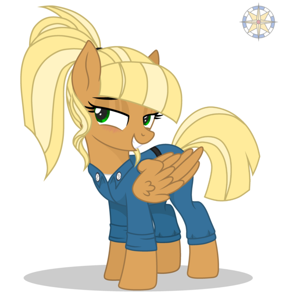 Size: 3500x3700 | Tagged: safe, artist:r4hucksake, derpibooru import, oc, oc:center punch, unofficial characters only, pegasus, pony, bedroom eyes, blushing, clothes, eyeshadow, female, folded wings, grin, high res, image, makeup, mare, overalls, pegasus oc, png, shadow, signature, simple background, smiling, solo, wings