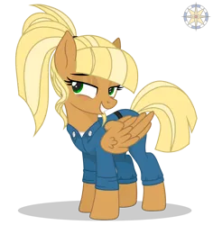 Size: 3500x3700 | Tagged: safe, artist:r4hucksake, derpibooru import, oc, oc:center punch, unofficial characters only, pegasus, pony, bedroom eyes, blushing, clothes, eyeshadow, female, folded wings, grin, high res, image, makeup, mare, overalls, pegasus oc, png, shadow, signature, simple background, smiling, solo, wings