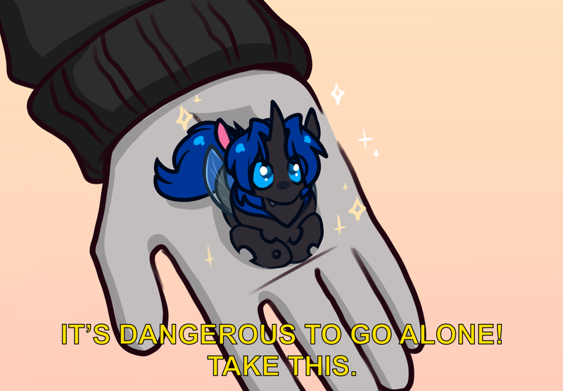 Size: 1904x1321 | Tagged: safe, artist:lrusu, derpibooru import, oc, oc:swift dawn, unofficial characters only, changeling, blue changeling, blue eyes, changeling oc, chibi, commission, cute, eye clipping through hair, fangs, hand, horn, image, it's dangerous to go alone, looking at you, looking up, lying down, male, micro, ocbetes, png, prone, simple background, smol, solo, sparkles, stars, text, tiny, wings, ych result