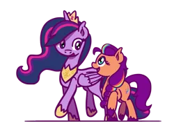 Size: 1800x1350 | Tagged: safe, artist:flutterluv, derpibooru import, princess twilight 2.0, sunny starscout, twilight sparkle, twilight sparkle (alicorn), alicorn, earth pony, pony, g5, the last problem, duo, g4, generation leap, image, looking at each other, looking at someone, older, older twilight, png, simple background, smiling, sunny and her heroine, transparent background, walking