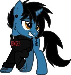 Size: 1093x1158 | Tagged: safe, artist:lightningbolt, derpibooru import, ponified, pony, unicorn, .svg available, clothes, derpibooru exclusive, ear piercing, frank iero, gauges, grin, hair over one eye, hoodie, horn, horn piercing, image, lidded eyes, lip piercing, long sleeves, looking up, male, my chemical romance, nose piercing, piercing, png, raised hoof, shirt, show accurate, simple background, smiling, solo, stallion, t-shirt, tattoo, transparent background, vector