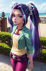 Size: 1152x1792 | Tagged: safe, derpibooru import, machine learning generated, stable diffusion, aria blaze, human, ai content, beach, belt, clothes, cloud, day, expressionless face, fence, generator:ghostmixv20, generator:mlpariablaze-10, hair ornament, hedge, humanized, image, jacket, jewelry, jpeg, long hair, looking at you, multicolored hair, necklace, ocean, outdoors, pants, pigtails, prompter:marusame, purple eyes, shirt, sidewalk, solo, twintails, unamused, water