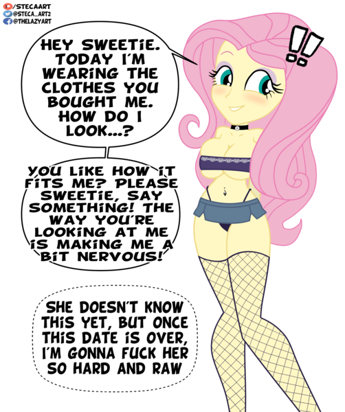 Size: 2637x3152 | Tagged: questionable, artist:steca, derpibooru import, fluttershy, human, equestria girls, belly button, belly piercing, bellyring, breasts, busty fluttershy, choker, exclamation point, fishnets, image, piercing, png, solo