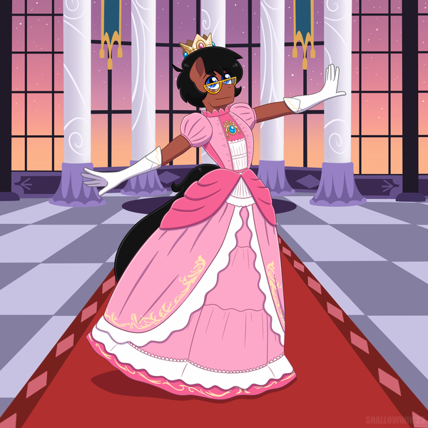 Size: 2048x2048 | Tagged: safe, artist:shallowwin, derpibooru import, oc, oc:benjamin terrance tover, anthro, earth pony, ballroom, clothes, crossdressing, crown, dress, gown, image, jewelry, male, png, princess peach, regalia, super mario bros.