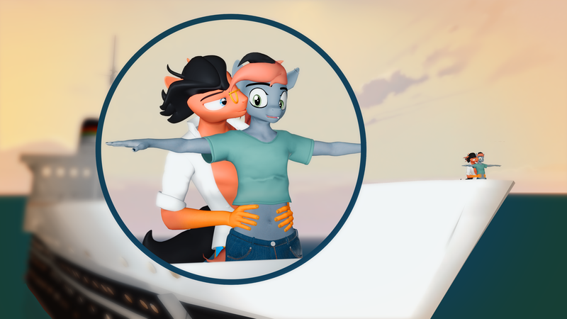 Size: 3840x2160 | Tagged: safe, artist:willitfit, derpibooru import, part of a set, surprise, oc, oc:benjamin terrance tover, oc:tristan sev, g1, 3d, benny and tristan's magical adventure, cruise ship, hands on waist, image, kissing, png, surprise kiss, titanic