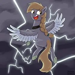 Size: 2048x2048 | Tagged: safe, artist:barhandar, oc, oc:windswept skies, unofficial characters only, pegasus, pony, braid, cloud, collar, excited, femboy, flying, image, lightning, looking at you, looking back, looking back at you, male, open mouth, open smile, png, signature, solo, spread wings, stallion, thunderstorm, two toned wings, underhoof, unshorn fetlocks, wings
