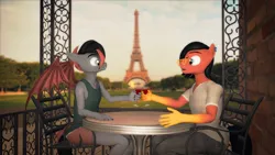 Size: 3840x2160 | Tagged: safe, artist:willitfit, derpibooru import, part of a set, oc, oc:benjamin terrance tover, oc:tristan sev, anthro, 3d, alcohol, benny and tristan's magical adventure, eiffel tower, glass, image, paris, png, toasting, wine, wine glass